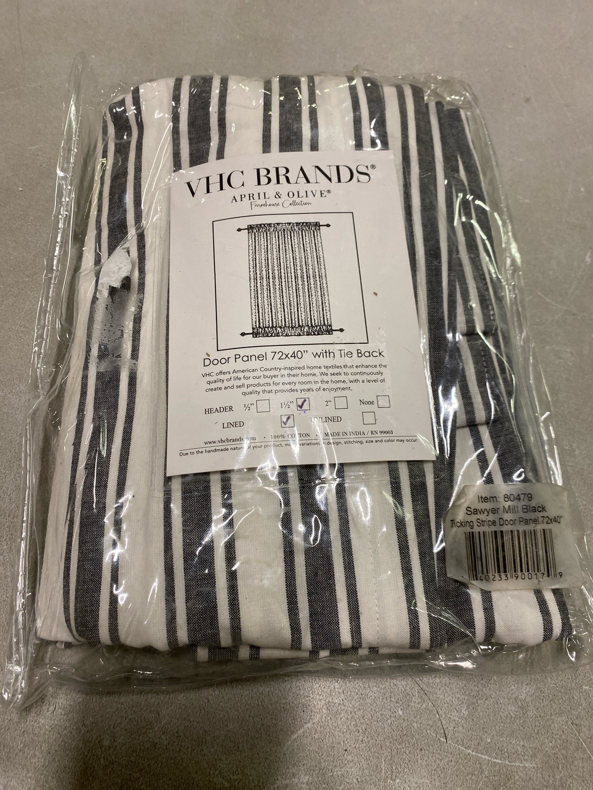 VHC Brands, Sawyer Mill Ticking Stripe Door Panel, Black, 72×40