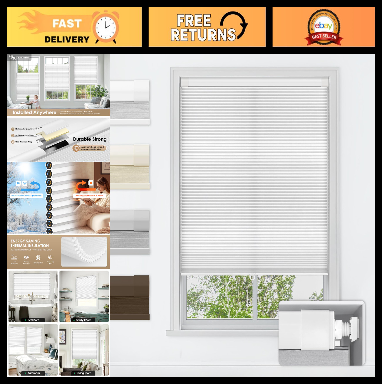 Cordless Cellular Shades – No Drill, Light Filtering Honeycomb Blinds, 35″ x 64″