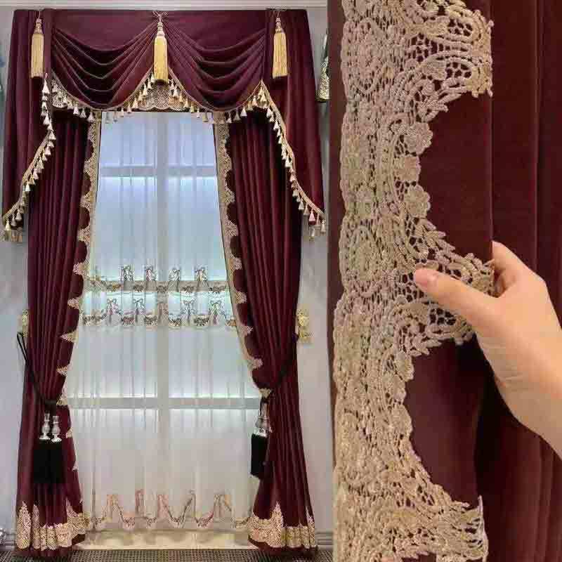 Custom luxury American bedroom velvet red cloth curtain valance drape C1420