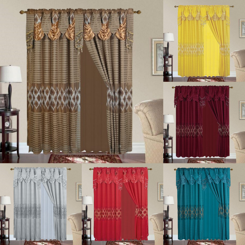 LUXURY EMBROIDERY DESIGN COMPLETE WINDOW CURTAIN SET ATTACHED VALANCE SEMISHEER