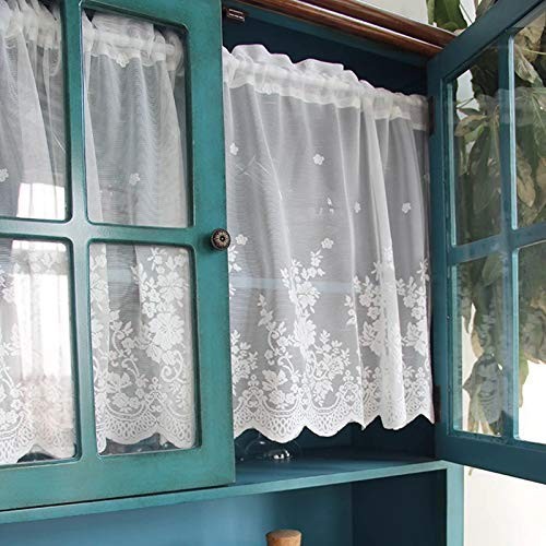 White Lace Window Valance Semi Sheer Floral Curtain for Kitchen Bathroom