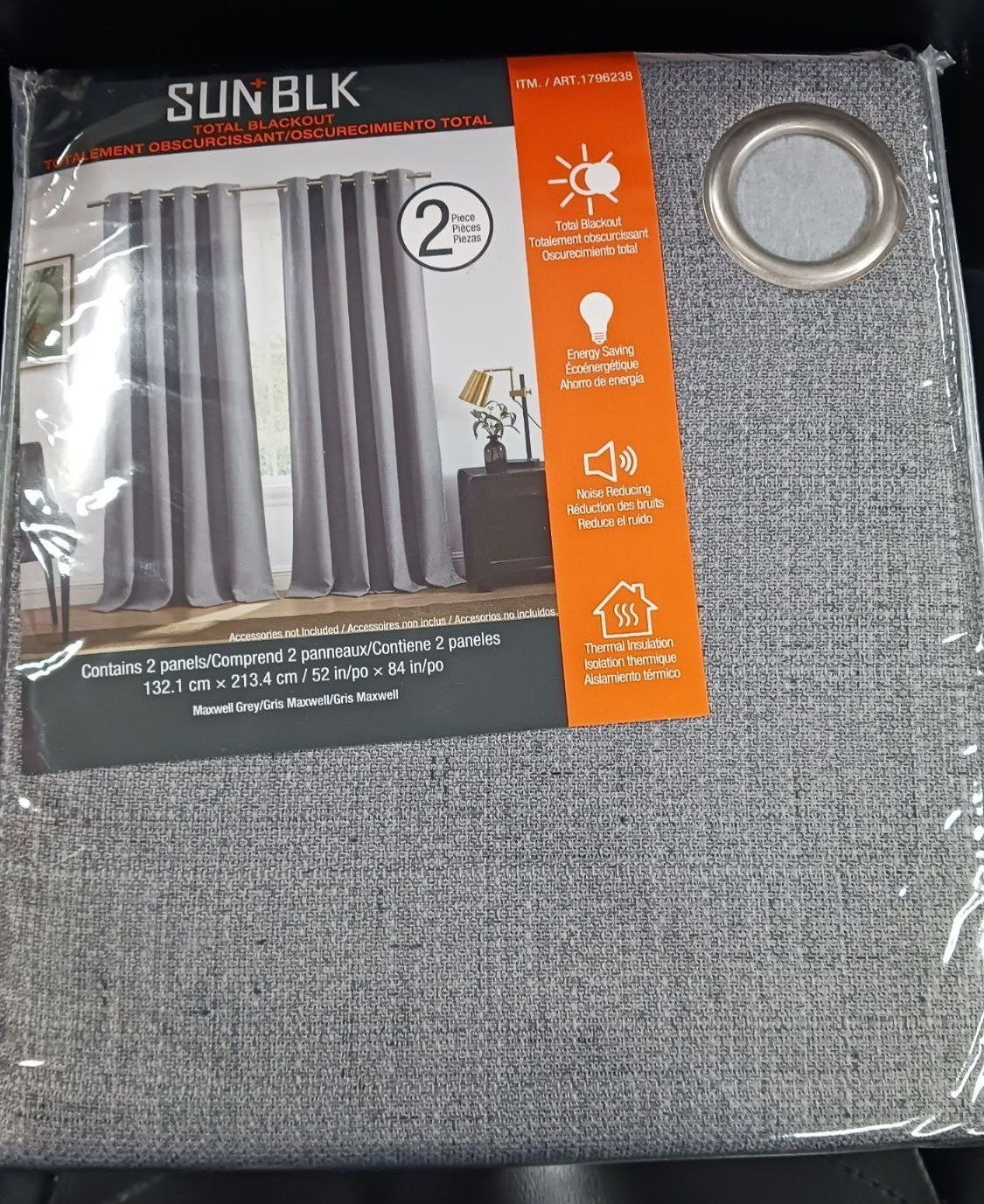 Sun+Blk Total Blackout Curtains Maxwell Gray 2 Panels 52in x 84in Each