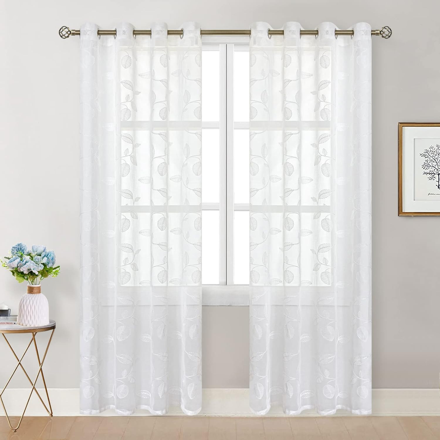 White Sheer Curtains 84 Inches Long 2 Panels – Embroidered Leaf Pattern Semi She