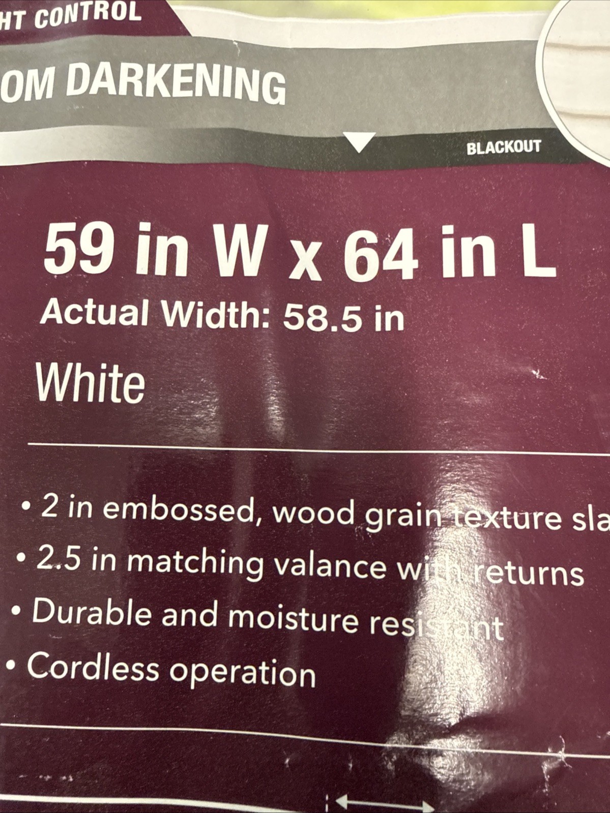 Faux wood Blind 2” New , Home Decorators 59in X 64in Length, White