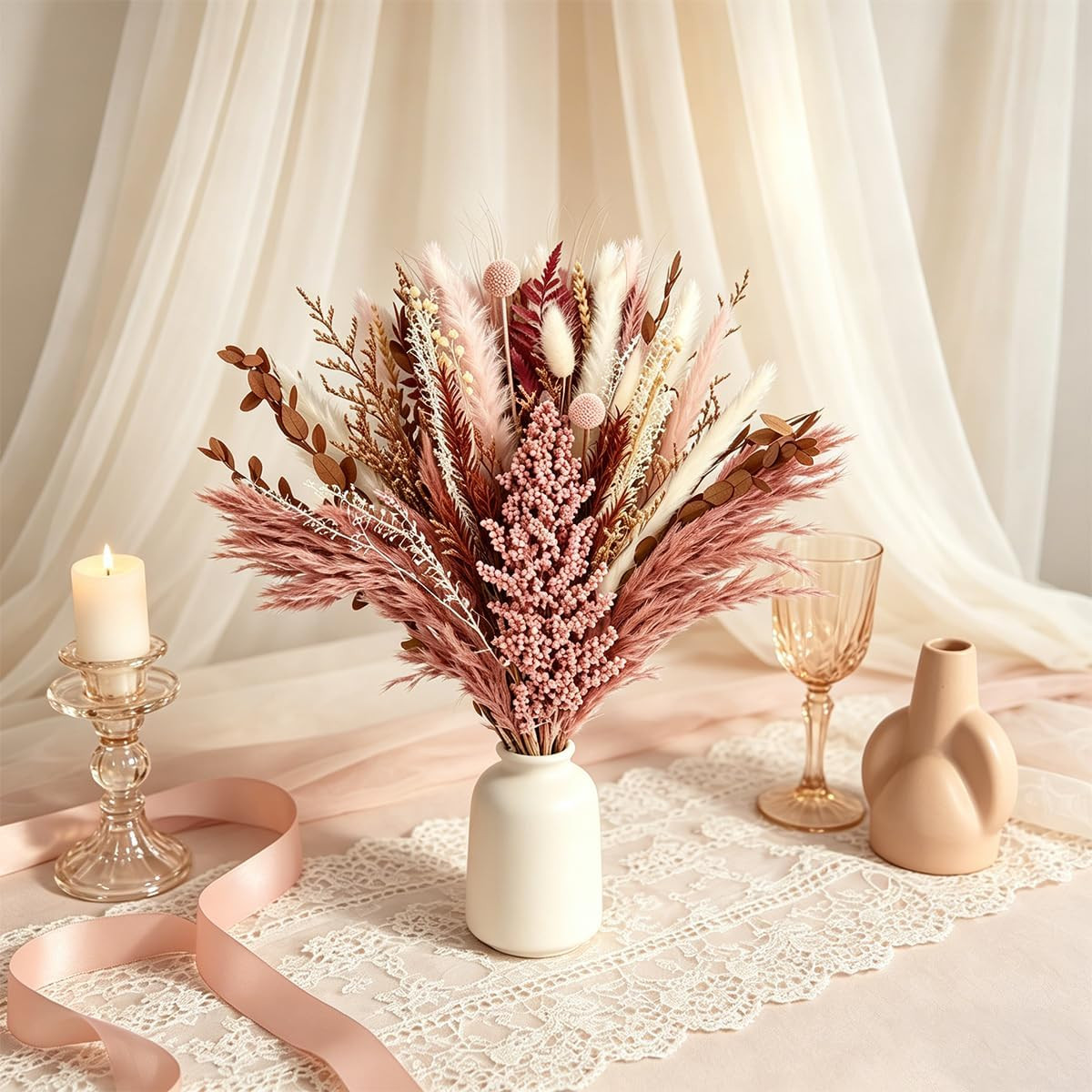 Dusty Rose & Terracotta Dried Pampas Grass Bouquet, Warm Boho Preserved Floral A