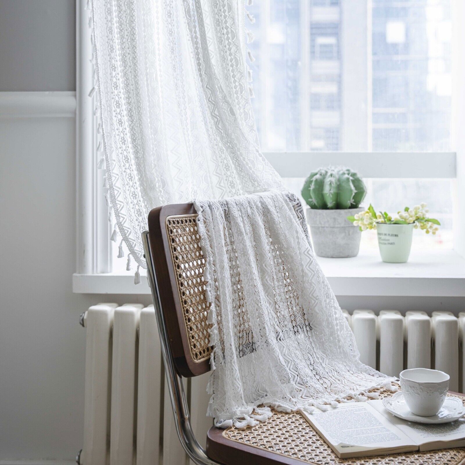Crochet Lace Curtain Panels Window Drapes Bedroom Living Room Rod Pocket Rustic
