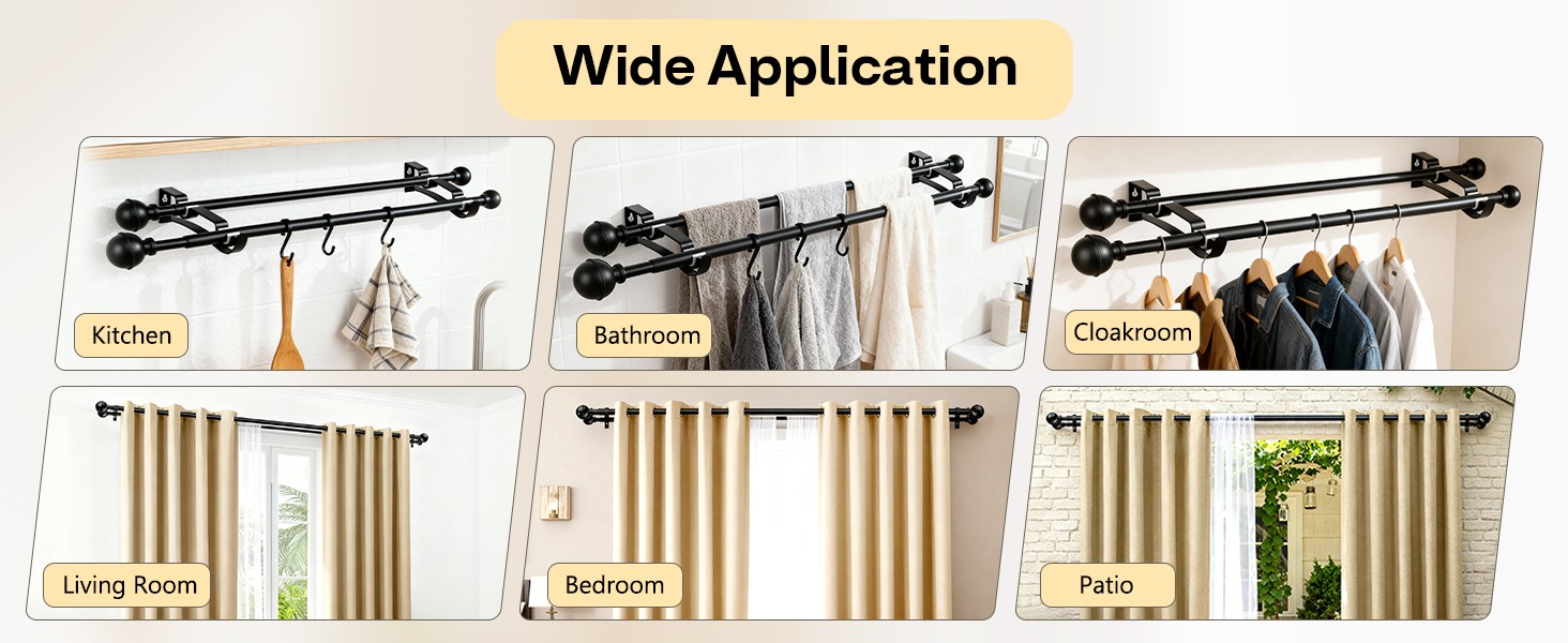 Adjustable Double ain Rods for Windows Set 30 to 57 Inch, Bla
