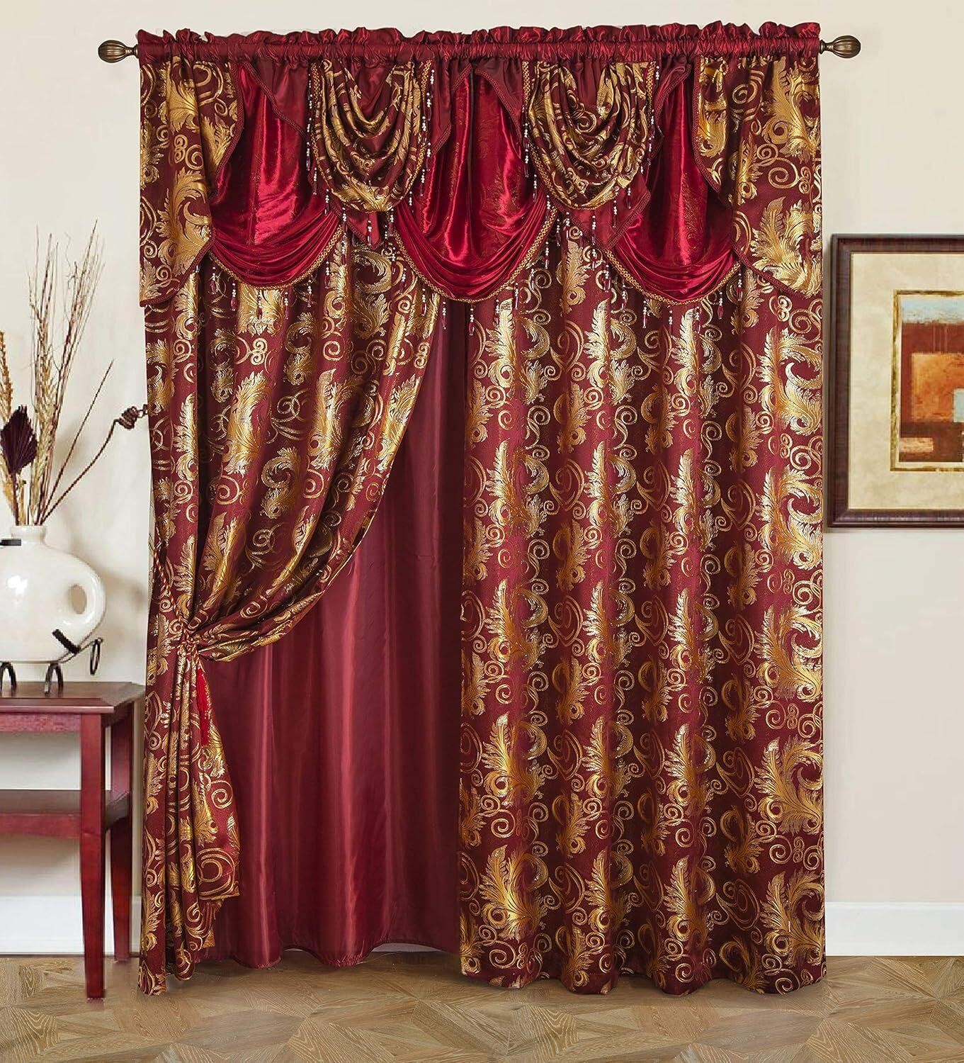 Window Curtain for Living Room Burgundy Red Gold Luxury 2 Panel Curtains 84Lx55W