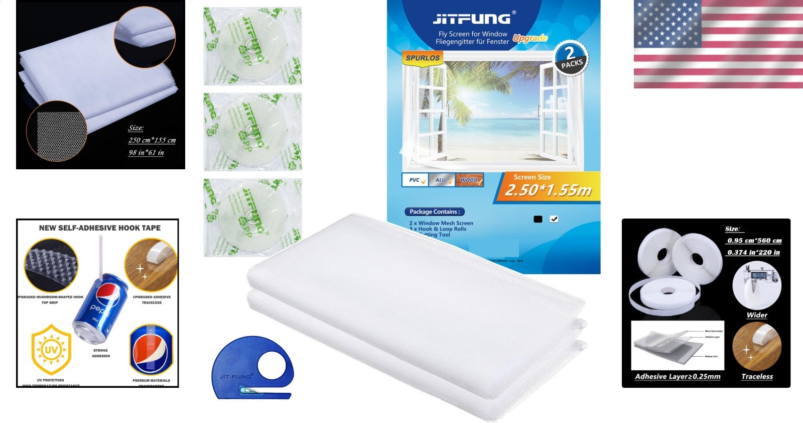 DIY Window Screen Kit White 2 Pack Self-Adhesive Custom Mesh Net 98×61