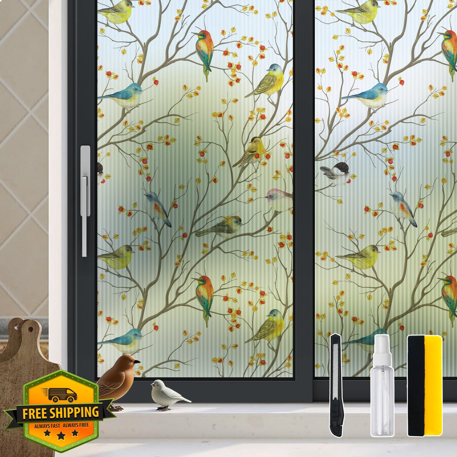 Reeded Glass Film Birds Privacy Waterproof Renter Friendly 17.7″x78.7″