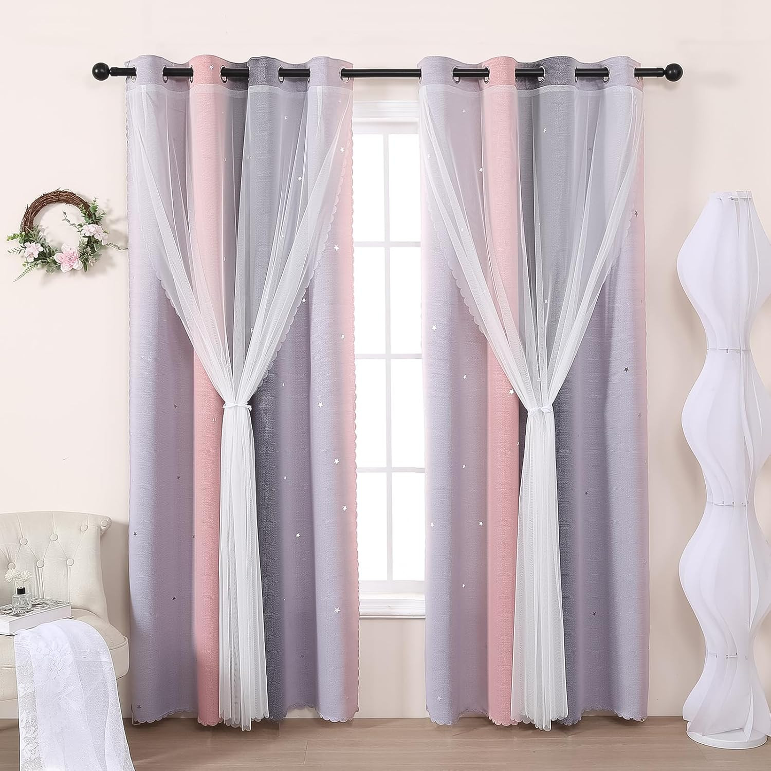 Grey and Pink Curtains Kids Curtains for Bedroom Star Blackout Window Curtain fo