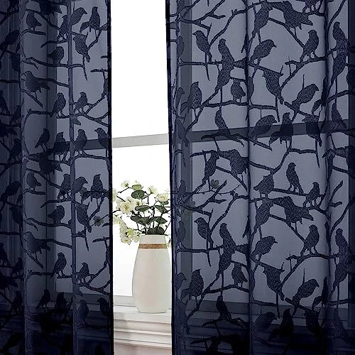 Anji Bird Navy Blue Sheer Curtains 45 Inches Long 2 Panels Set for Small