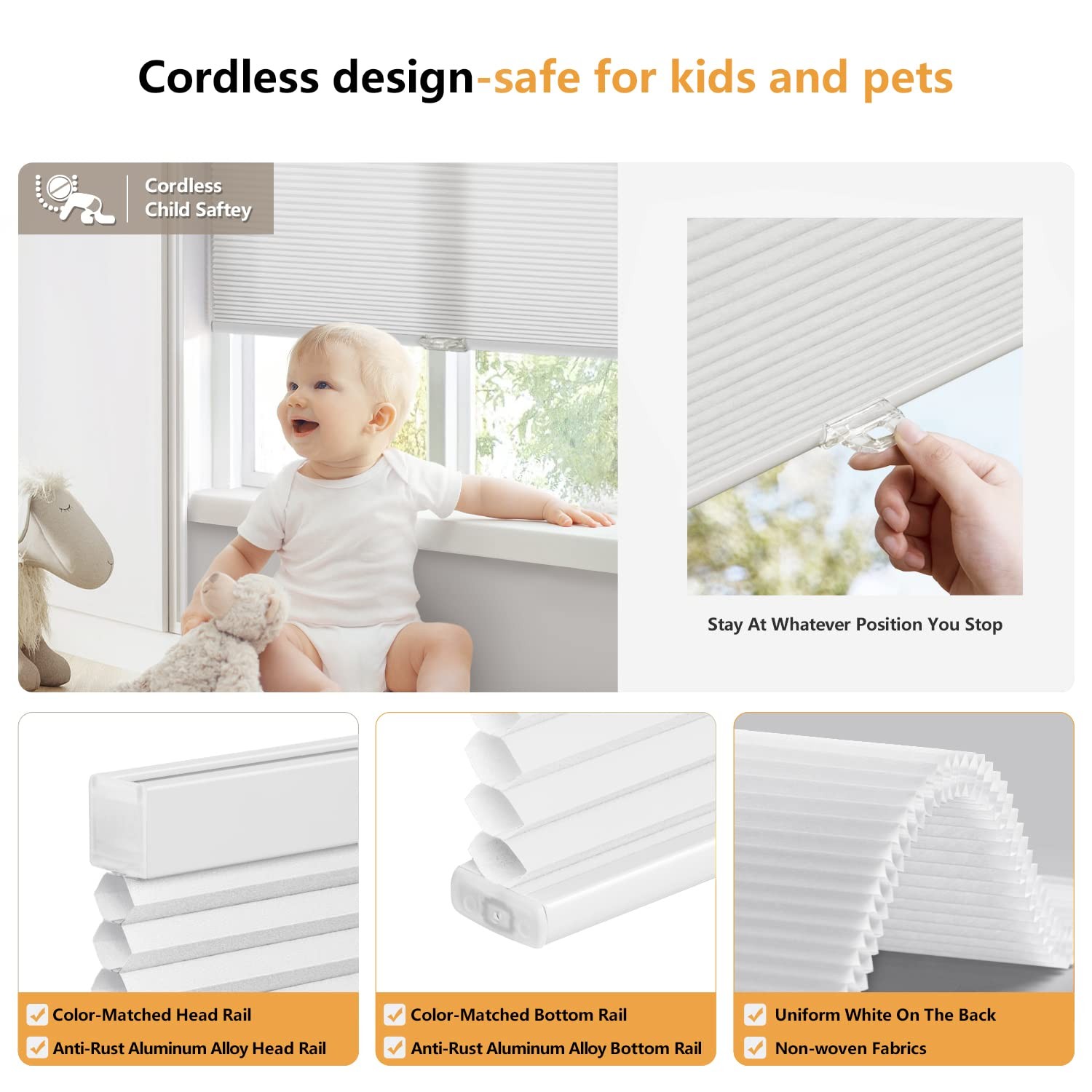 Cordless Cellular Shades, 34” W x 36” H, White