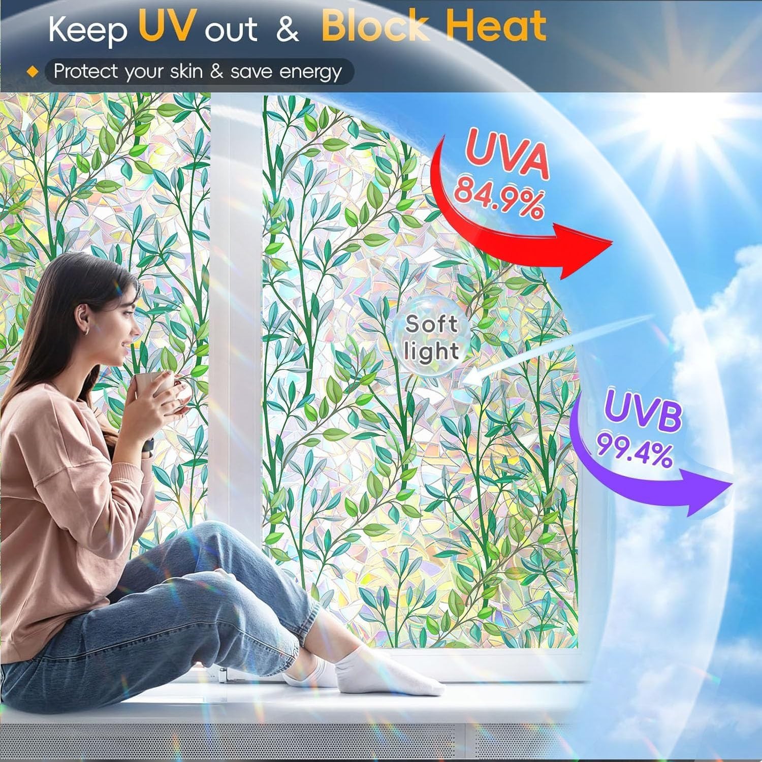 Window Privacy Film with Cutting Grid, Non-Adhesive Stained Glass Window Film…