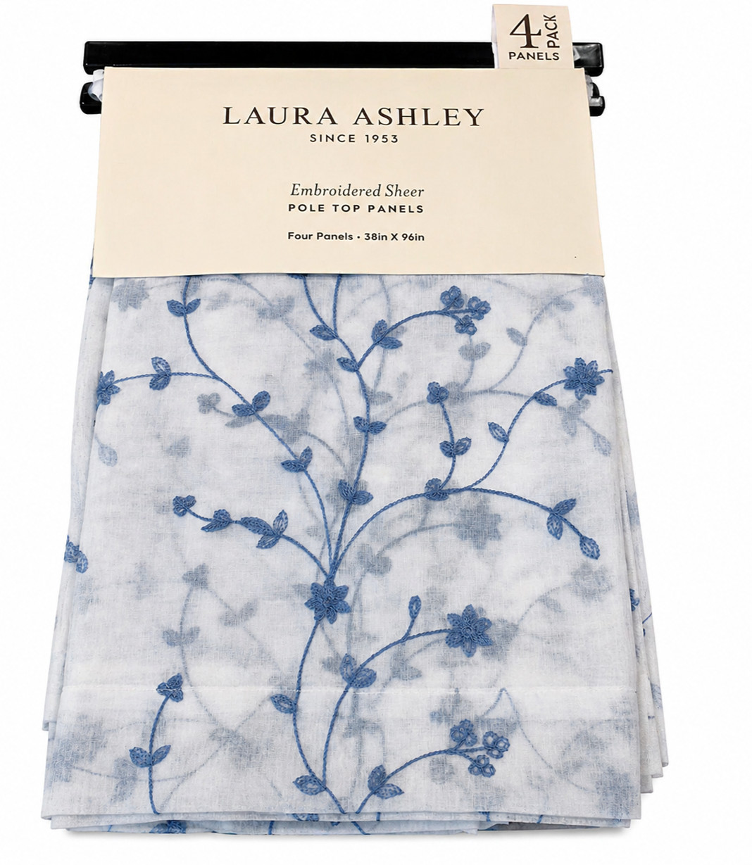 Laura Ashley Sheer Curtains Set of 4 38×96 Blue Floral Embroidered Panels
