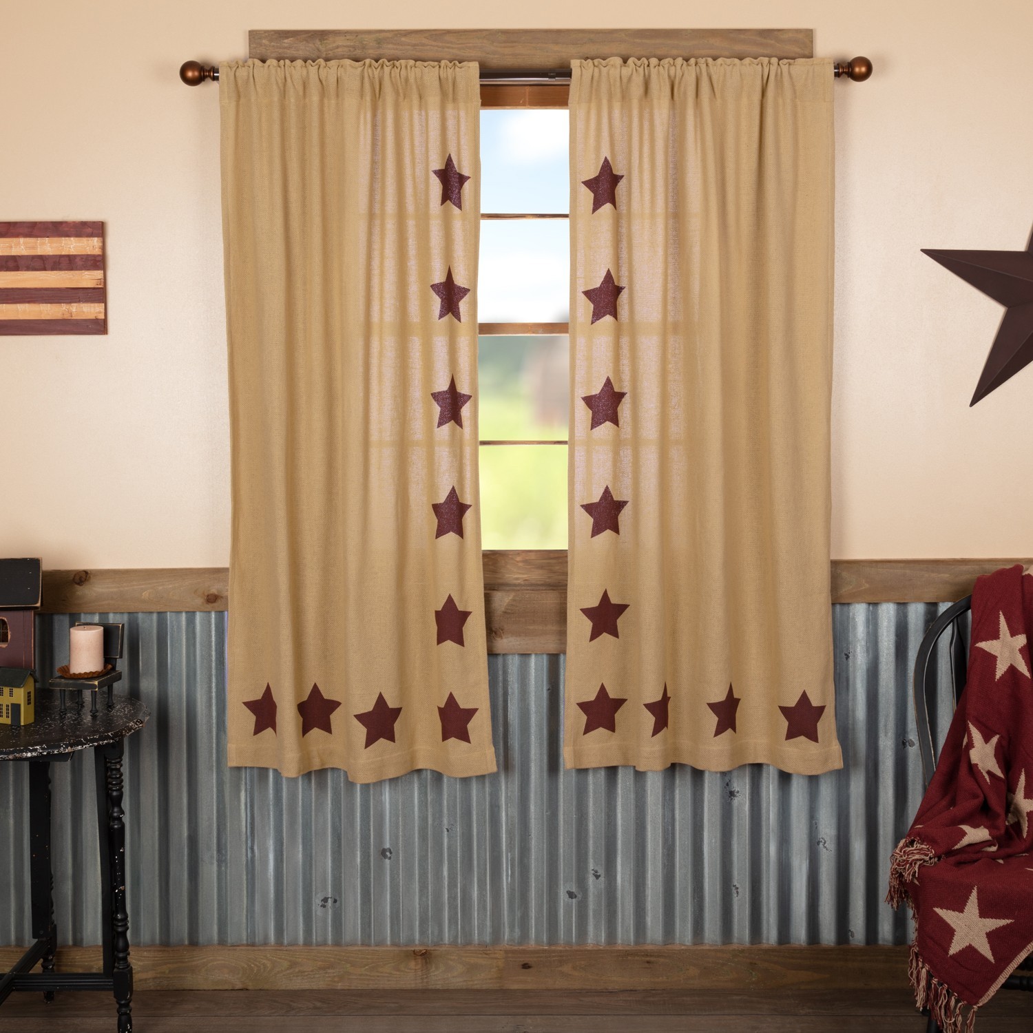 Natural Burlap Burgundy Stenciled Stars Primitive Country Window Panels 2 Sizes