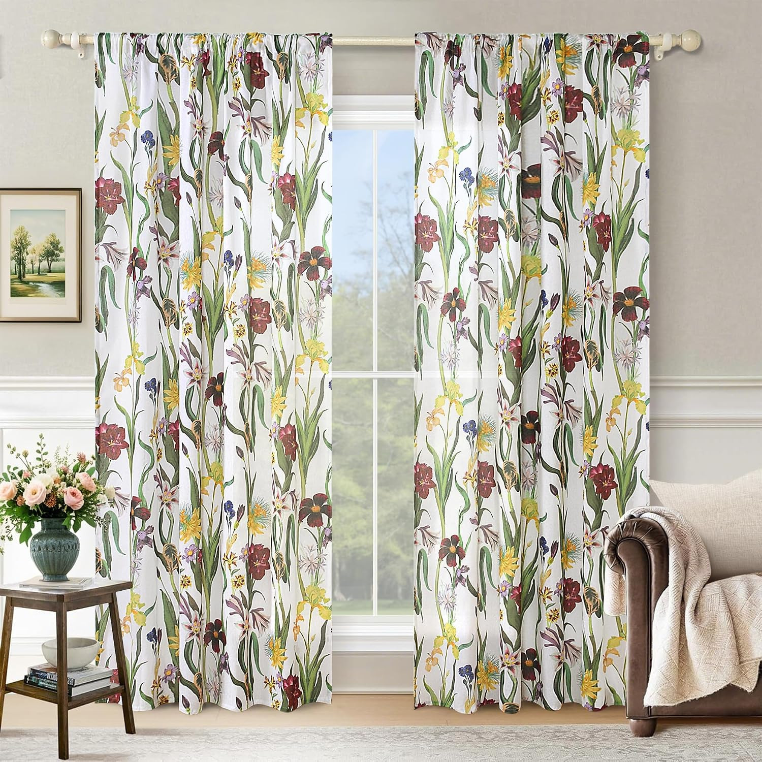 White Floral Curtains 84 Inch Long 2 Panels for Living Room Bedroom | Boho Farmh