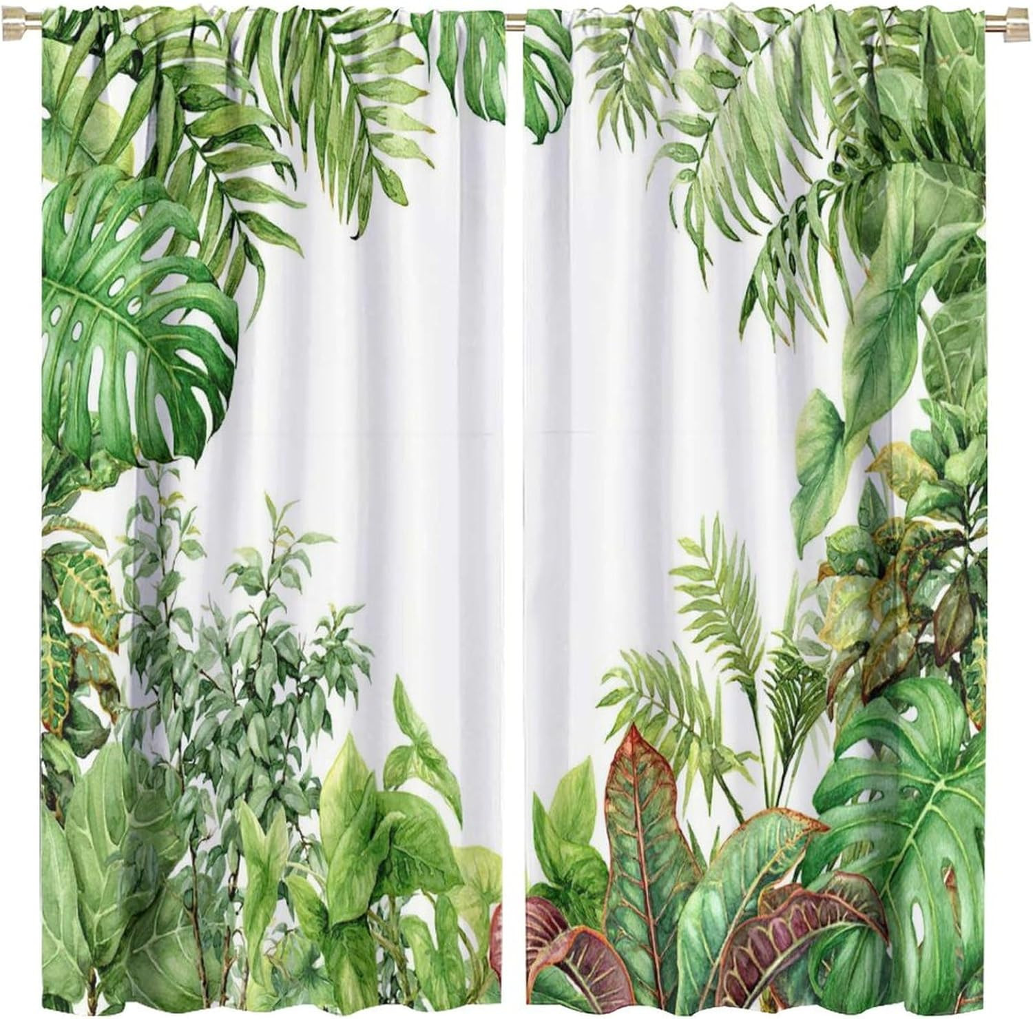 Leaves Blackout Window Curtains, Tropical Palm Leaf Nature Green Plant Print Win