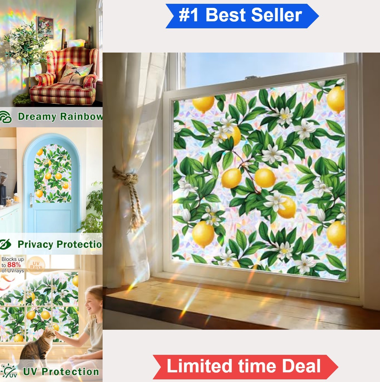 Stained Glass Window Film Rainbow Privacy Static Cling UV Block Easy DIY Home