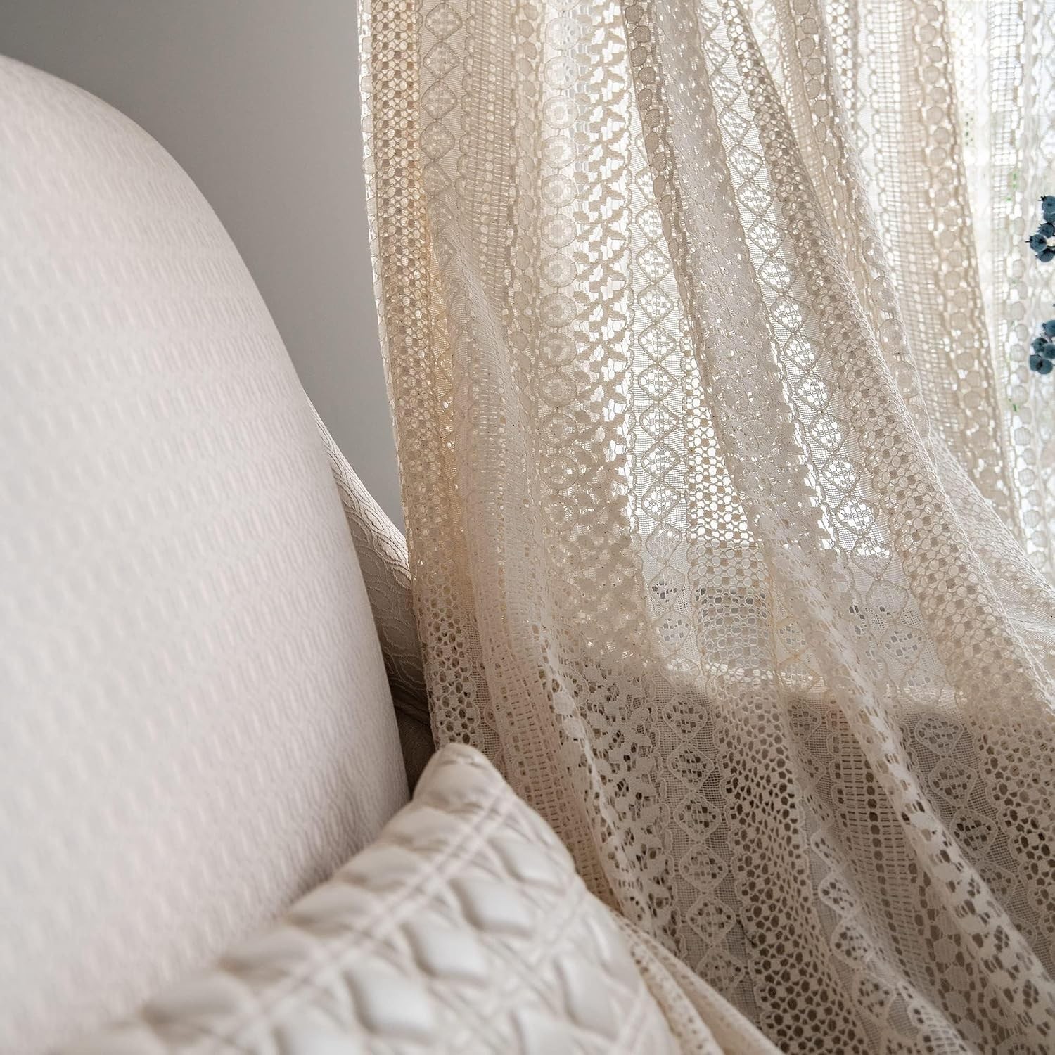 Crochet Boho Lace Sheer Curtains Macrame Farmhouse 63 Inches Length Long Beige