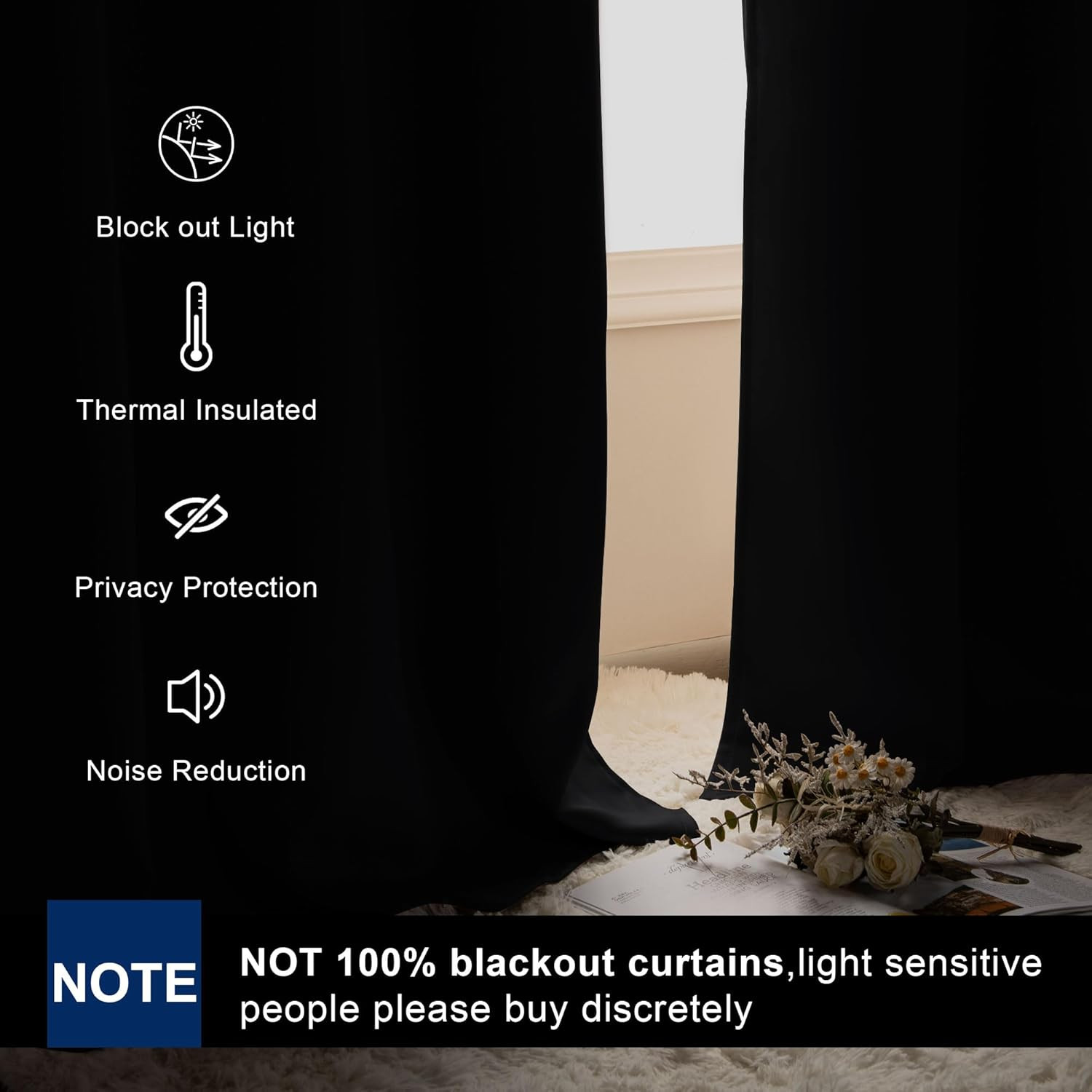 Hiasan Black Out Curtains 63 Inch Long Sewn with Tiebacks, Rod Pocket & Back Tab