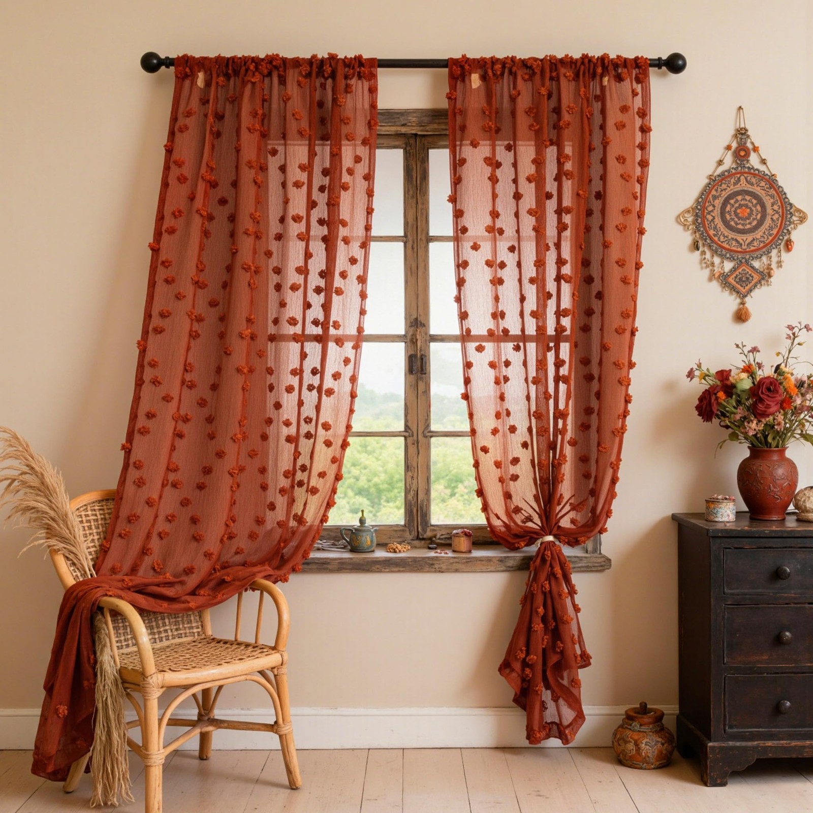 Terracotta Boho Sheer Curtains — with Pom Poms 84 Inches Long Burnt Orange Ru…