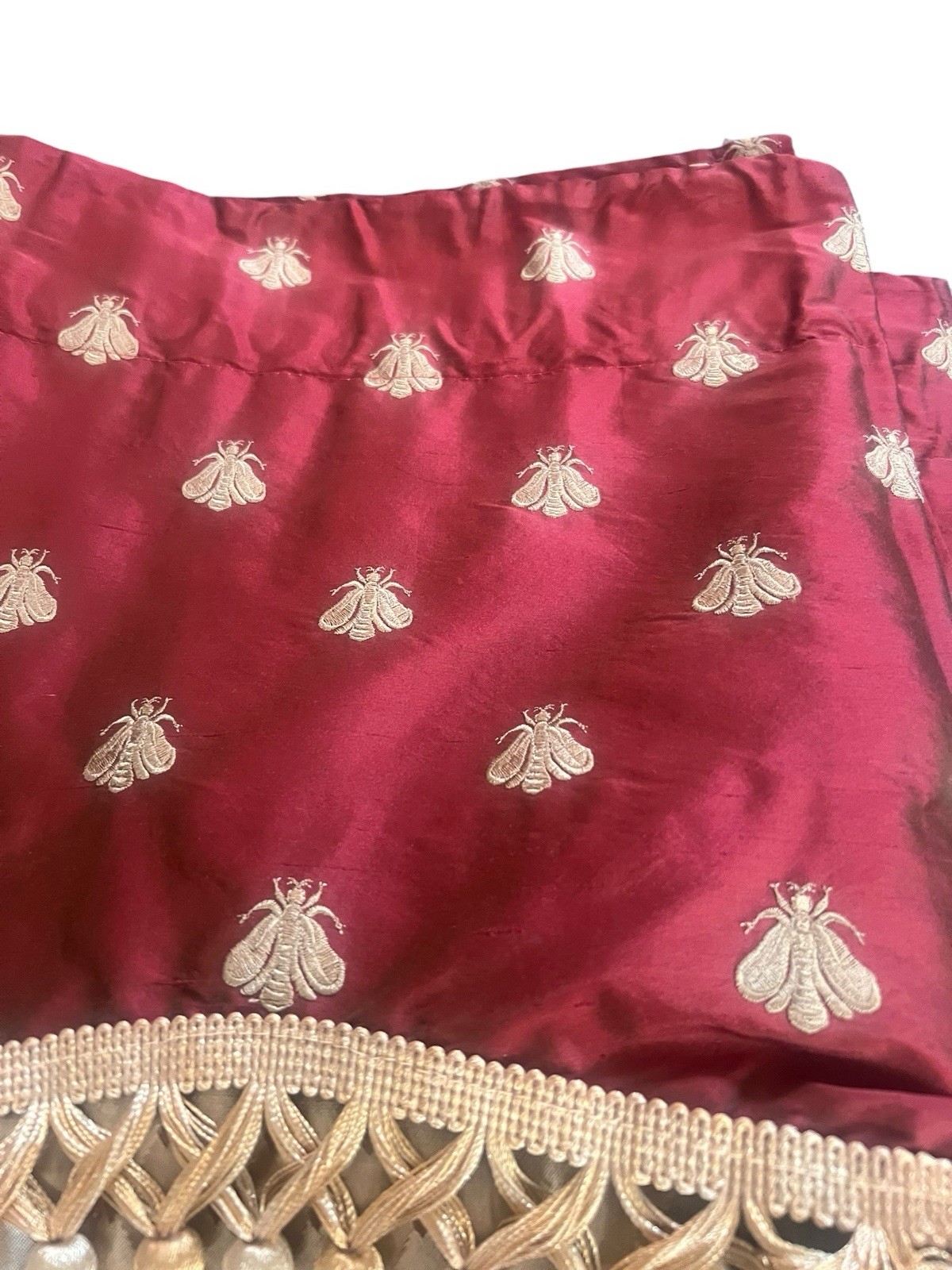 Pair Pure Silk Empire Valances Embroidered Gold Bees Scalloped Fringe 52 X 16