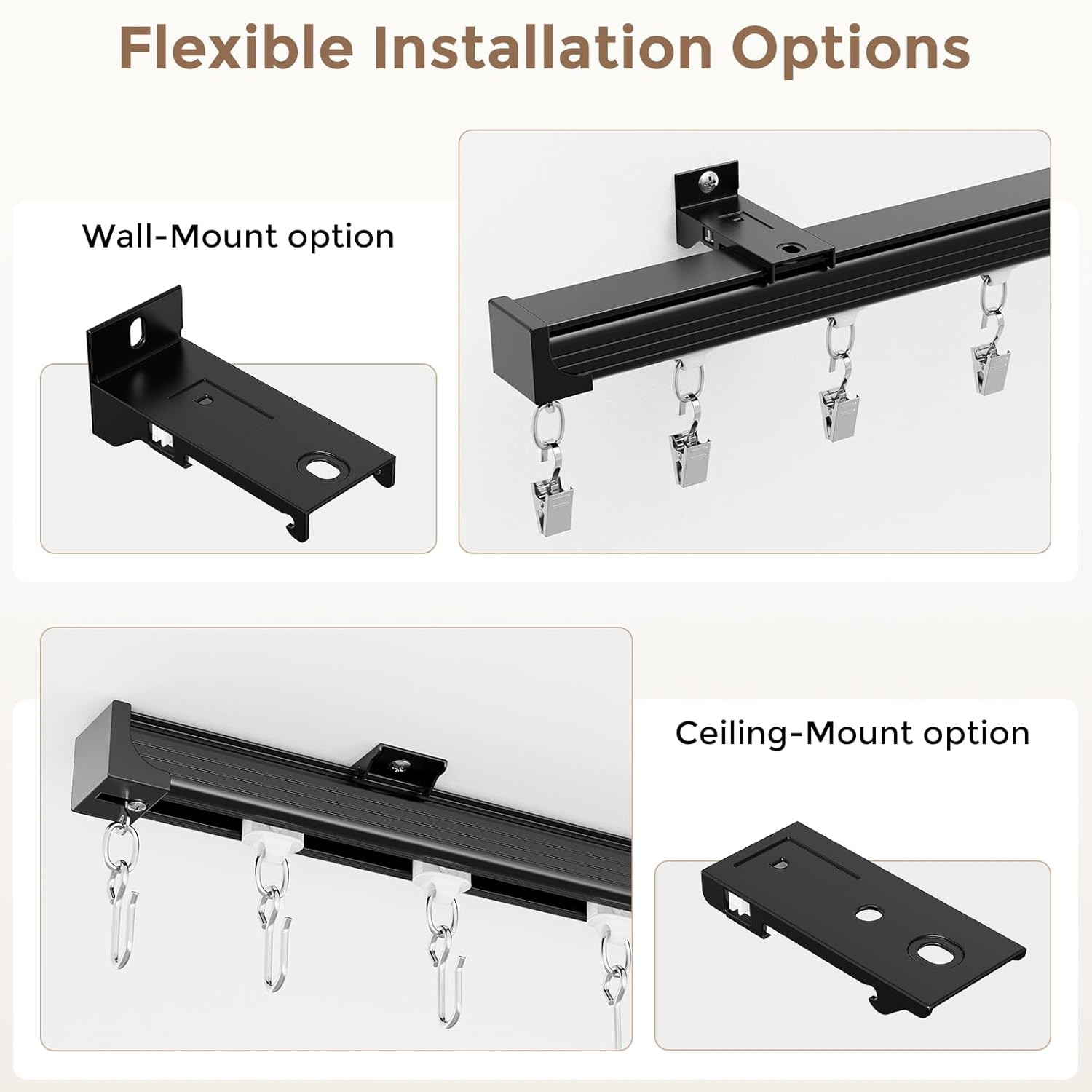 Heavy Duty Black Ceiling Curtain Track 15-18 Ft with 60 Rollers & Hooks