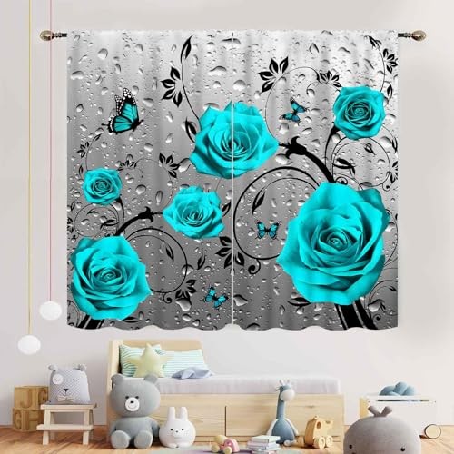 Rose Floral Curtains, Romantic Teal Blue Flower 21″W x 45″L (Pack of 2) Rose-05