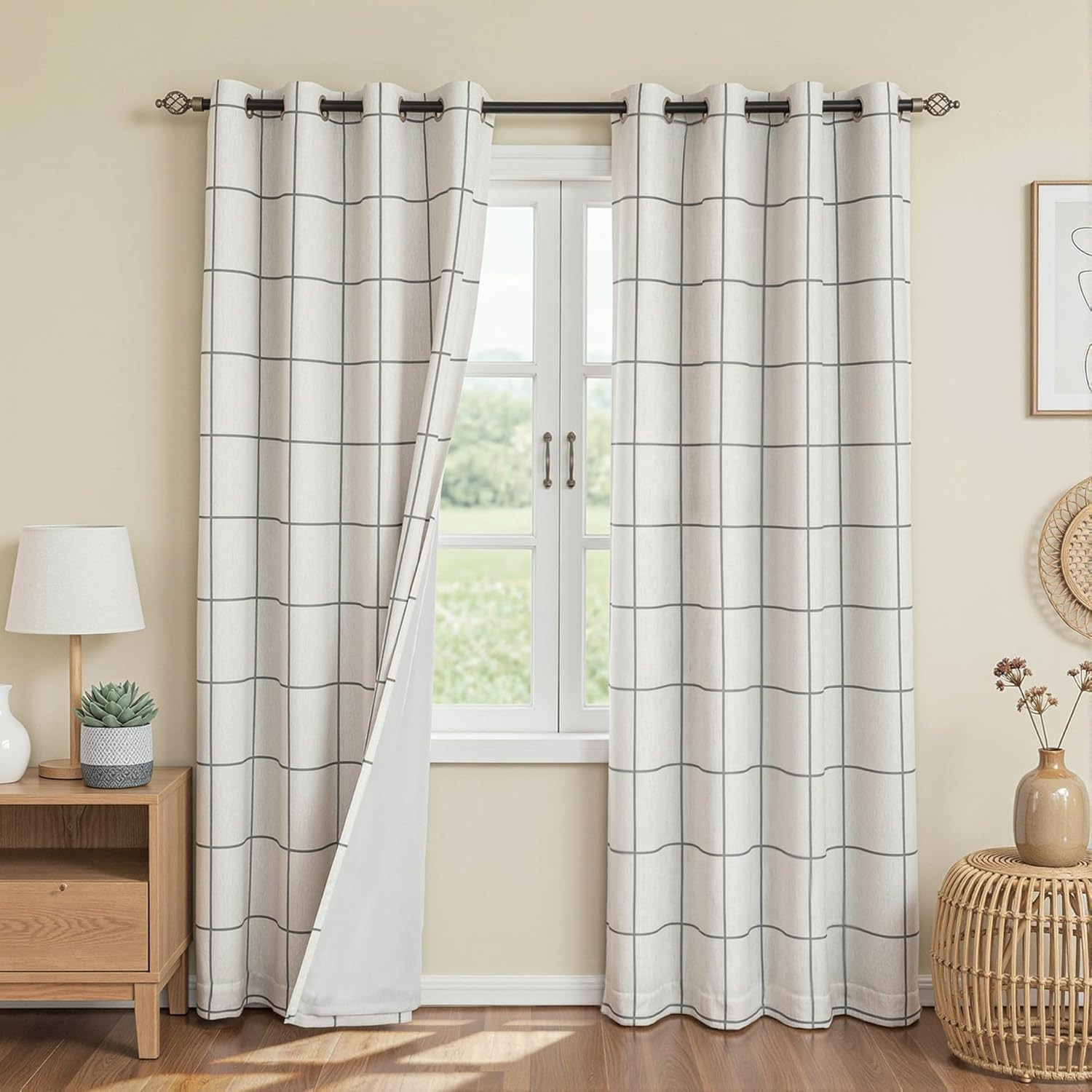 Blackout Plaid Linen Curtains 84″ Long – 2 Panel Set, Deep Grey