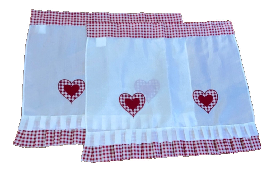 Farmhouse White Red Gingham Embroidered Heart Valance Set 26″ L X 28″ W
