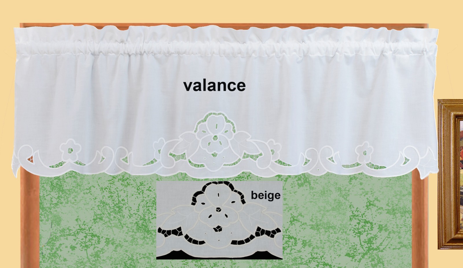 Cutwork Kitchen Curtain Valance, Tier, Swag White or Beige #501 SILKE