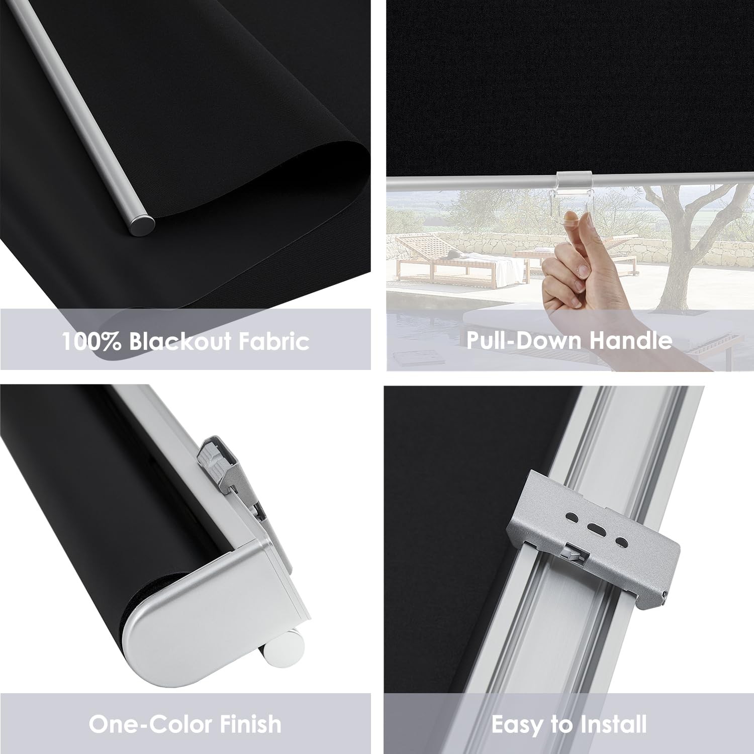 Cordless 100% Blackout Roller Shades for Windows,UV Protection Pull Down Shad…