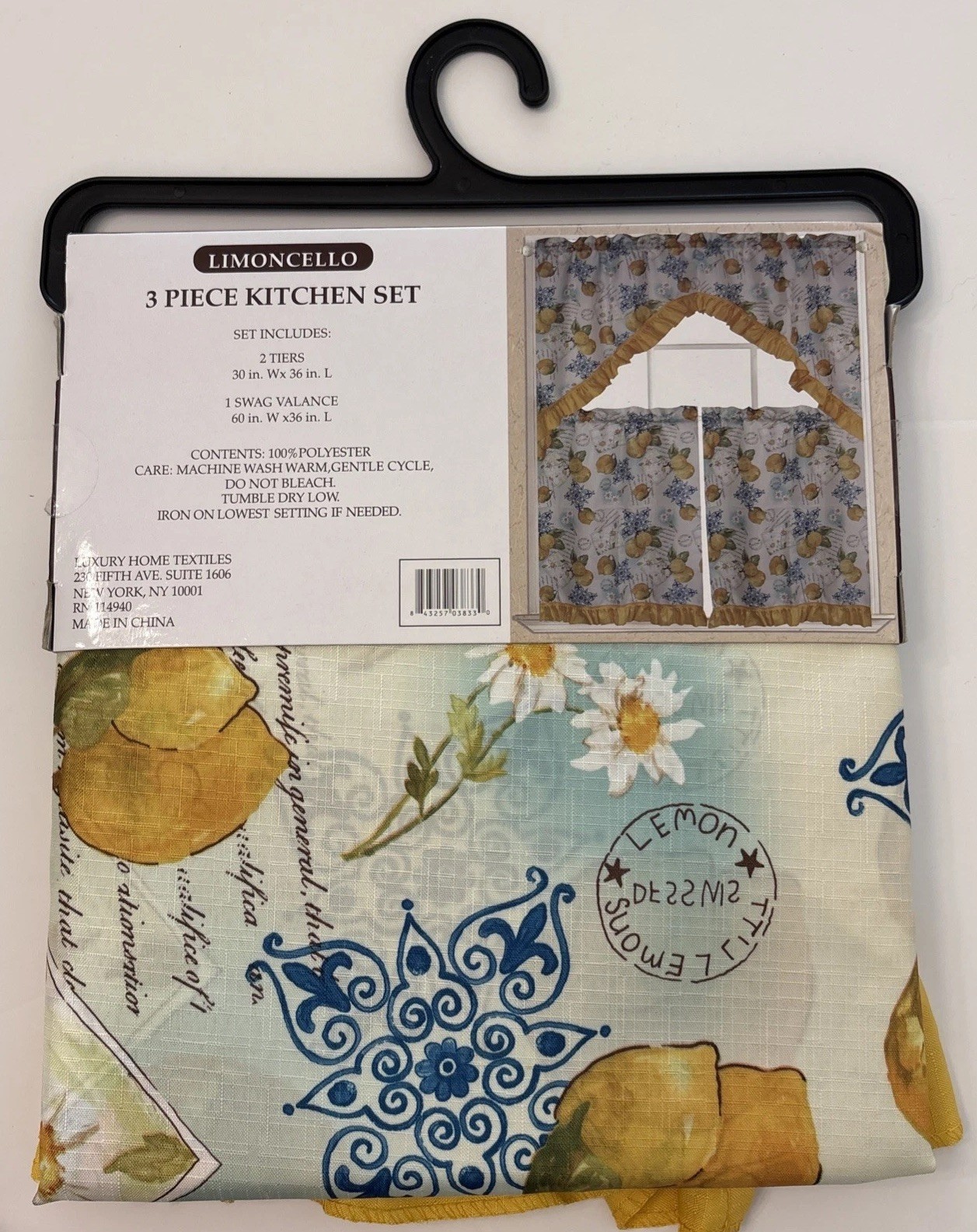 Luxury Home Textiles Limoncello 3pc Kitchen Curtain Set Lemons Valance Tiers NEW