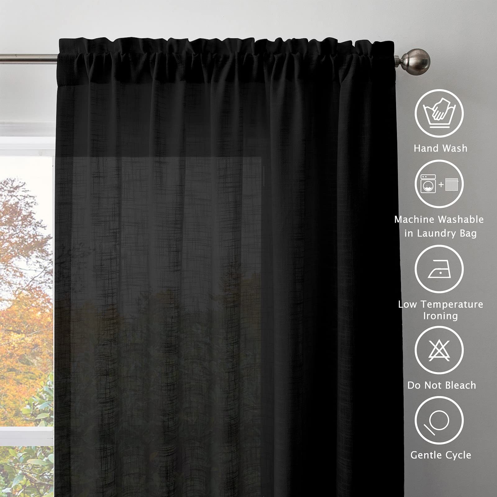 Melodieux Black Linen Textured Semi Sheer Curtains 63 Inch Length For Bedroom