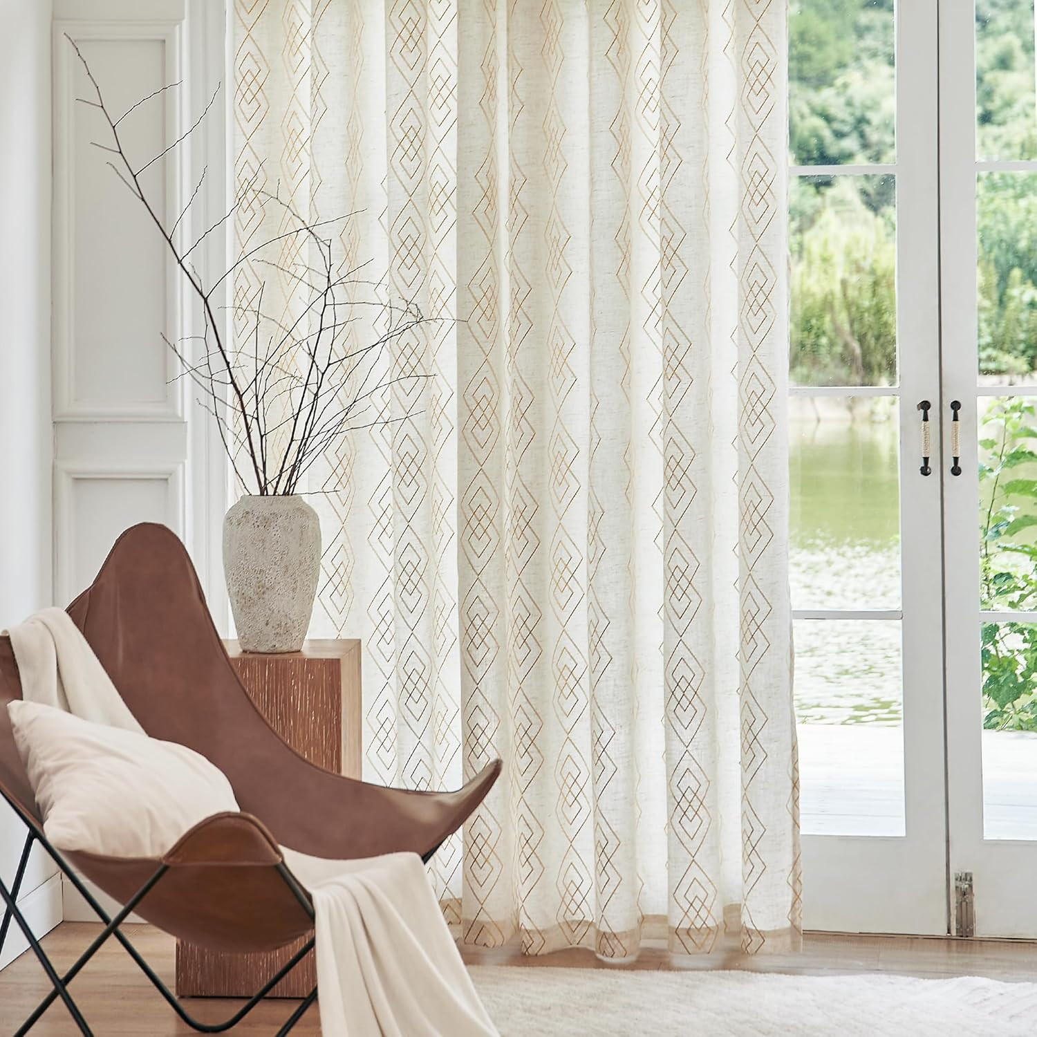 Linen Boho Curtains for Bedroom,63 Inch Length Curtains Gold Foil Metallic Strip