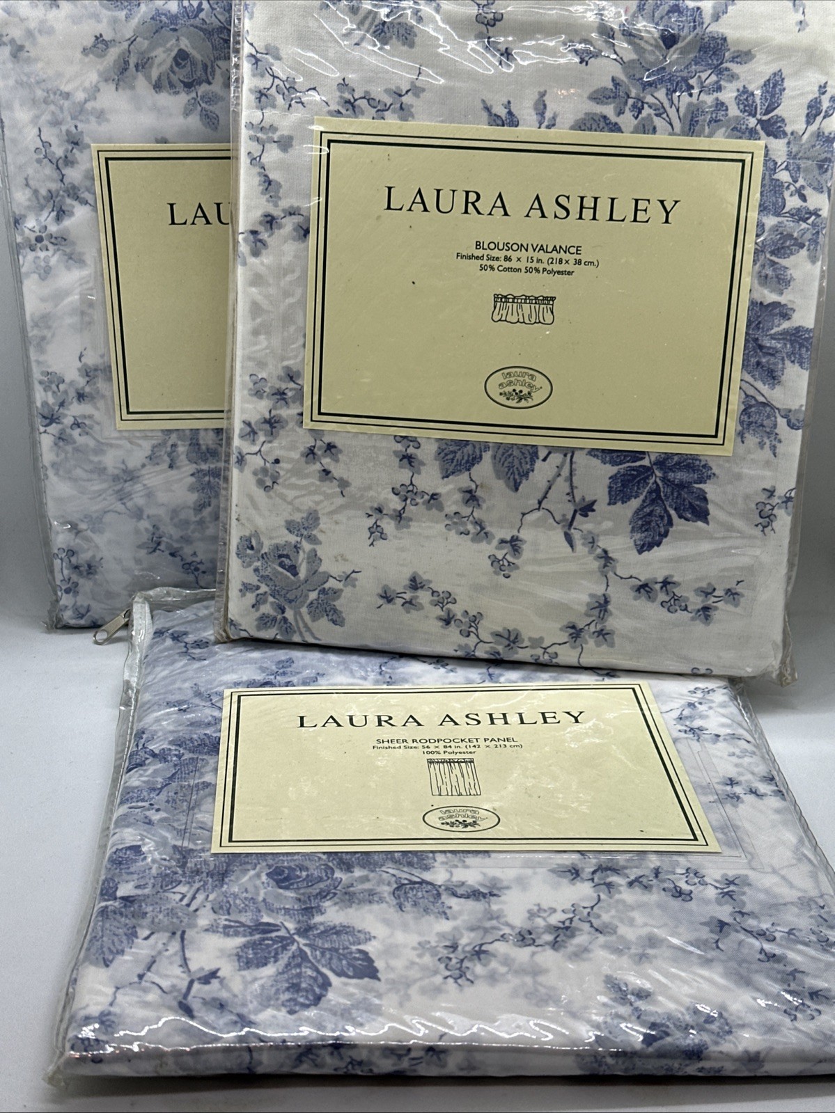 VTG Laura Ashley Sophia 2PC Sheer Blue White Floral Panels & 1PC Bluoson Valance