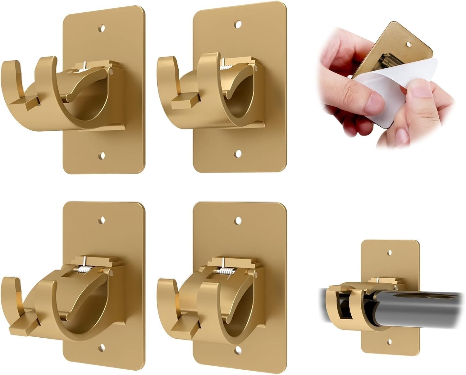 4PC No Drill Curtain Rod Brackets Gold Plastic Self-Adhesive & Screw Mount