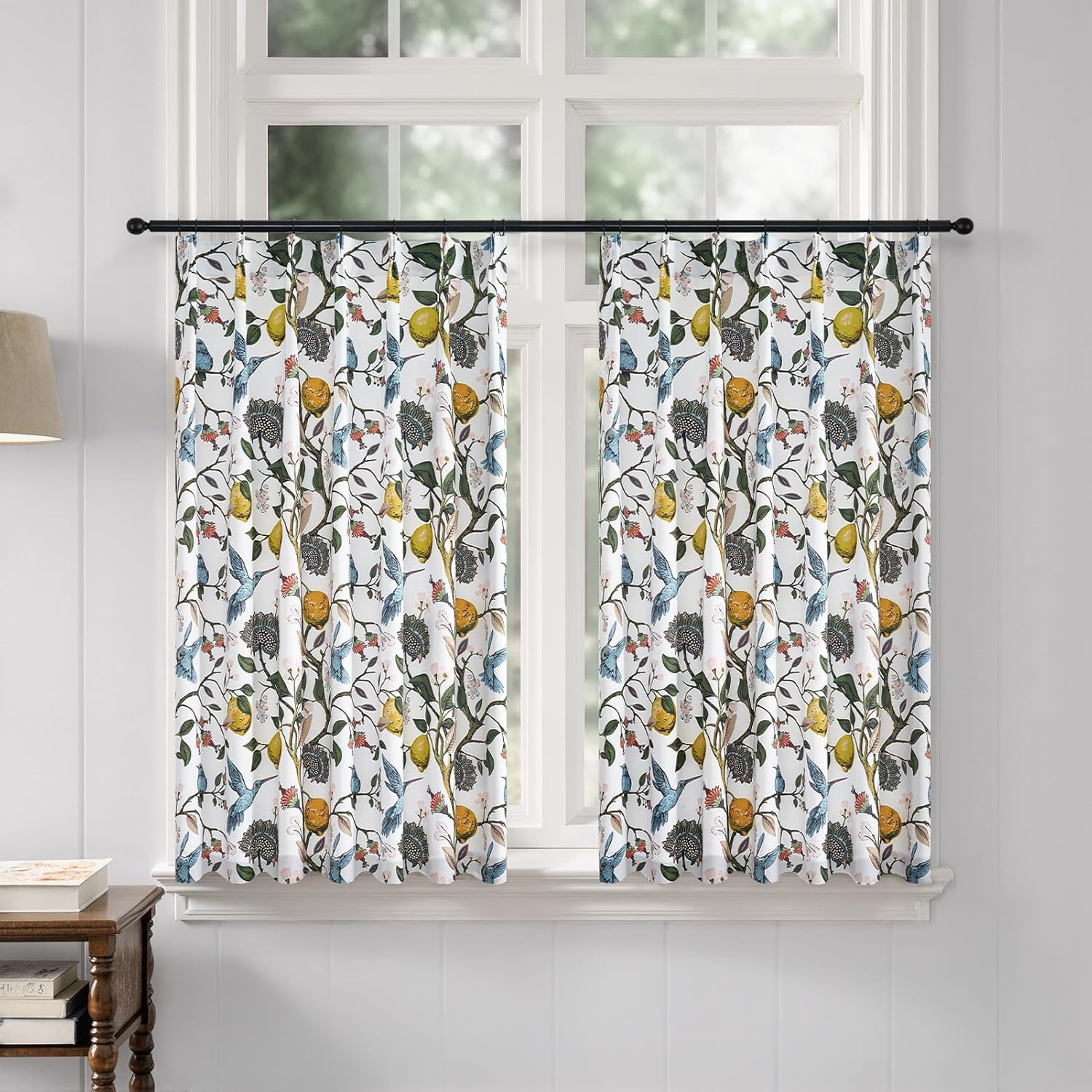 White Kitchen Tier Curtains 36 Inches Long,Botanical Floral Lemon & Hummingbird