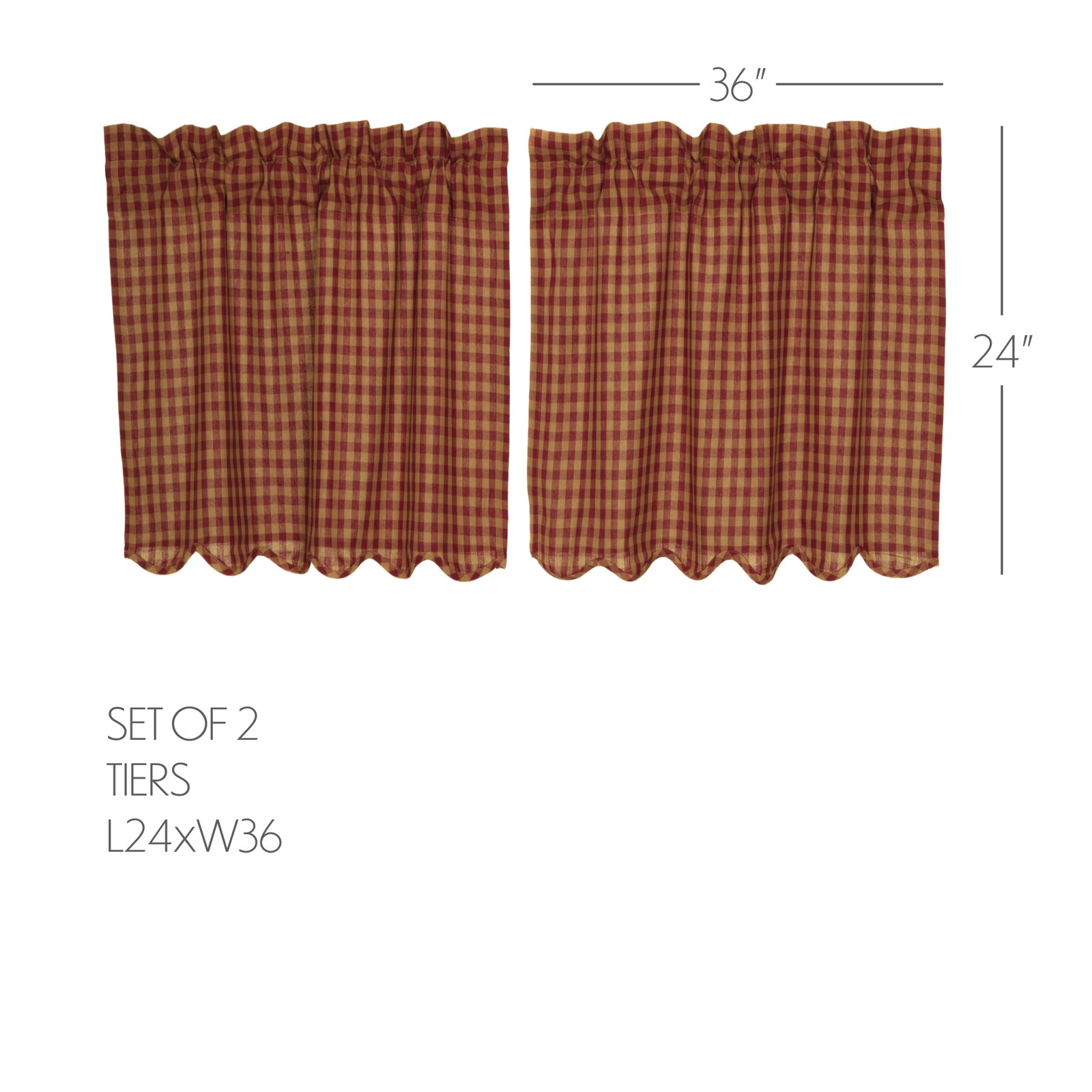 Primitive 24″x36″ Tier Pair Red Rod Pocket Kitchen Window Curtains VHC Brands