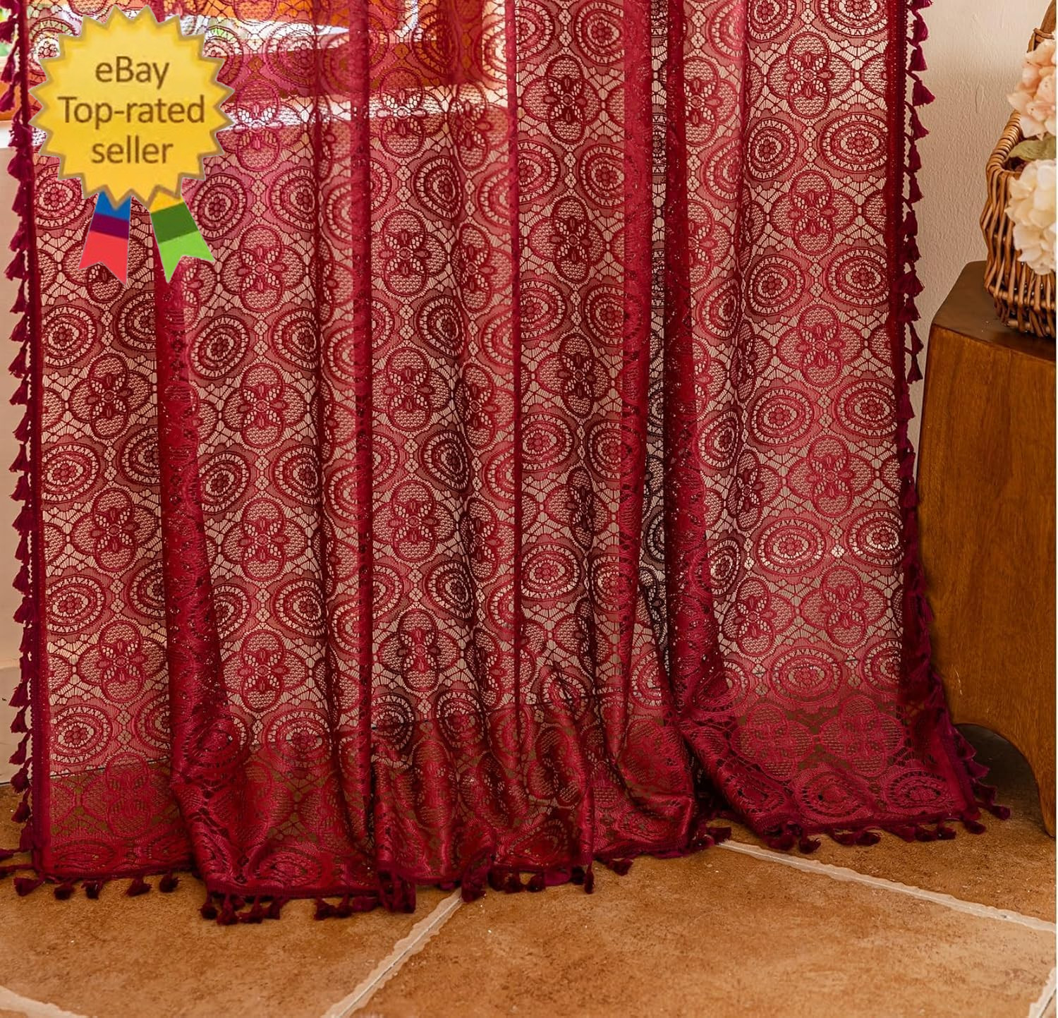 Boho Lace Curtains 90 Inches Long 2 Panels -Vintage Floral Crochet Sheer Panels