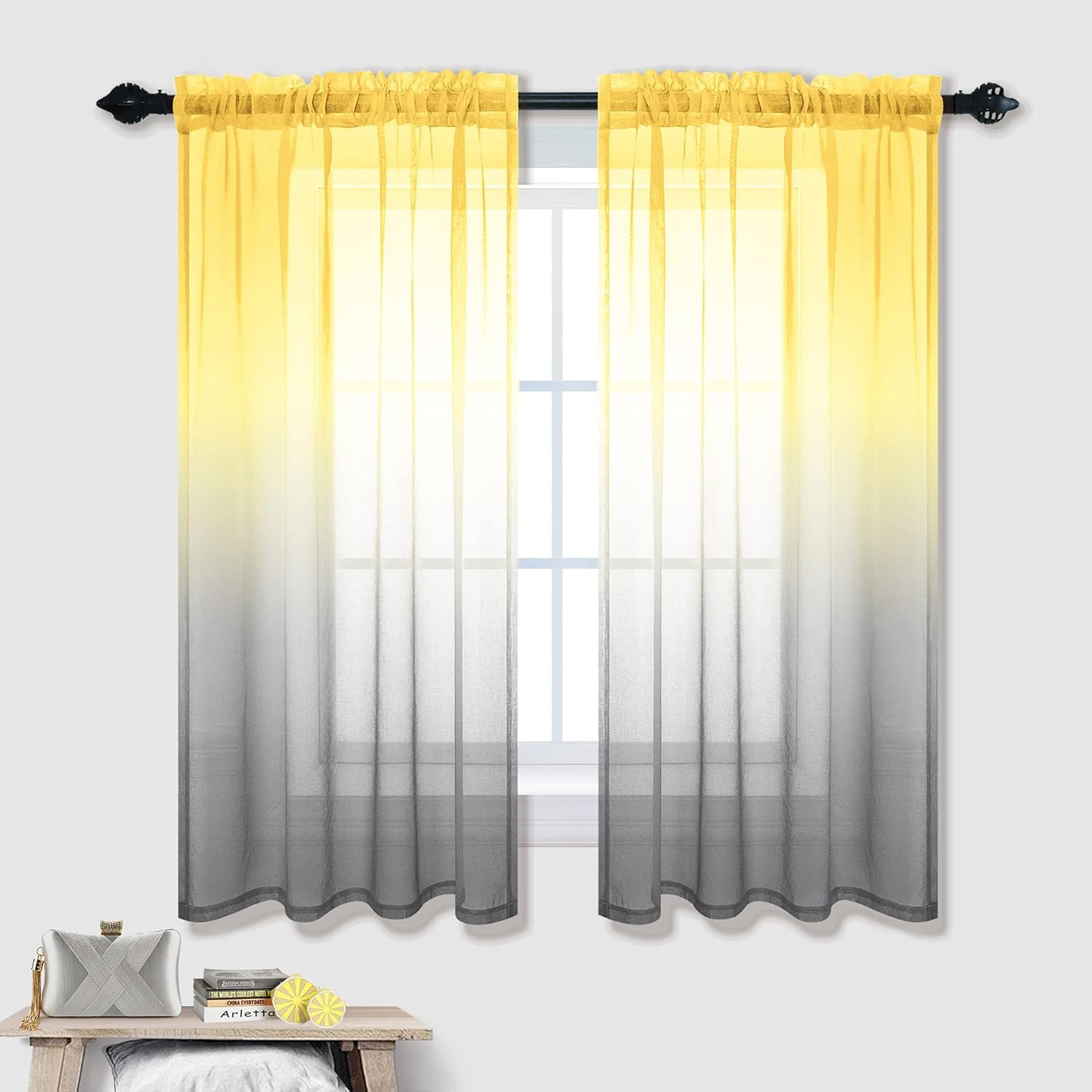 Kitchen Curtains Yellow Lemon and Light Grey Sheer Bathroom Window Curtains 42 X