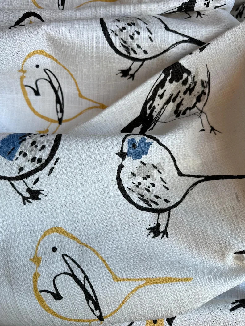 Curtains Made USA, Bird Toile Brazilian Yellow White, Medium Weight Cotton Slub