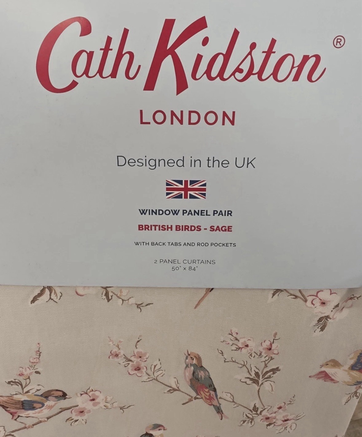 CATH KIDSTON LONDON BRITISH SAGE BIRD DESIGN 2 WINDOW PANEL SET 50”x 84”