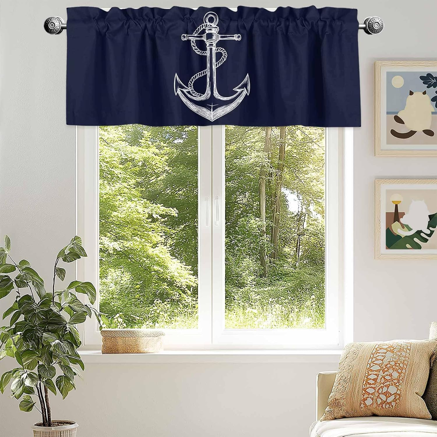 Window Curtains Valances, Nautical Knot Anchor Illustration Minimalist Art Dark