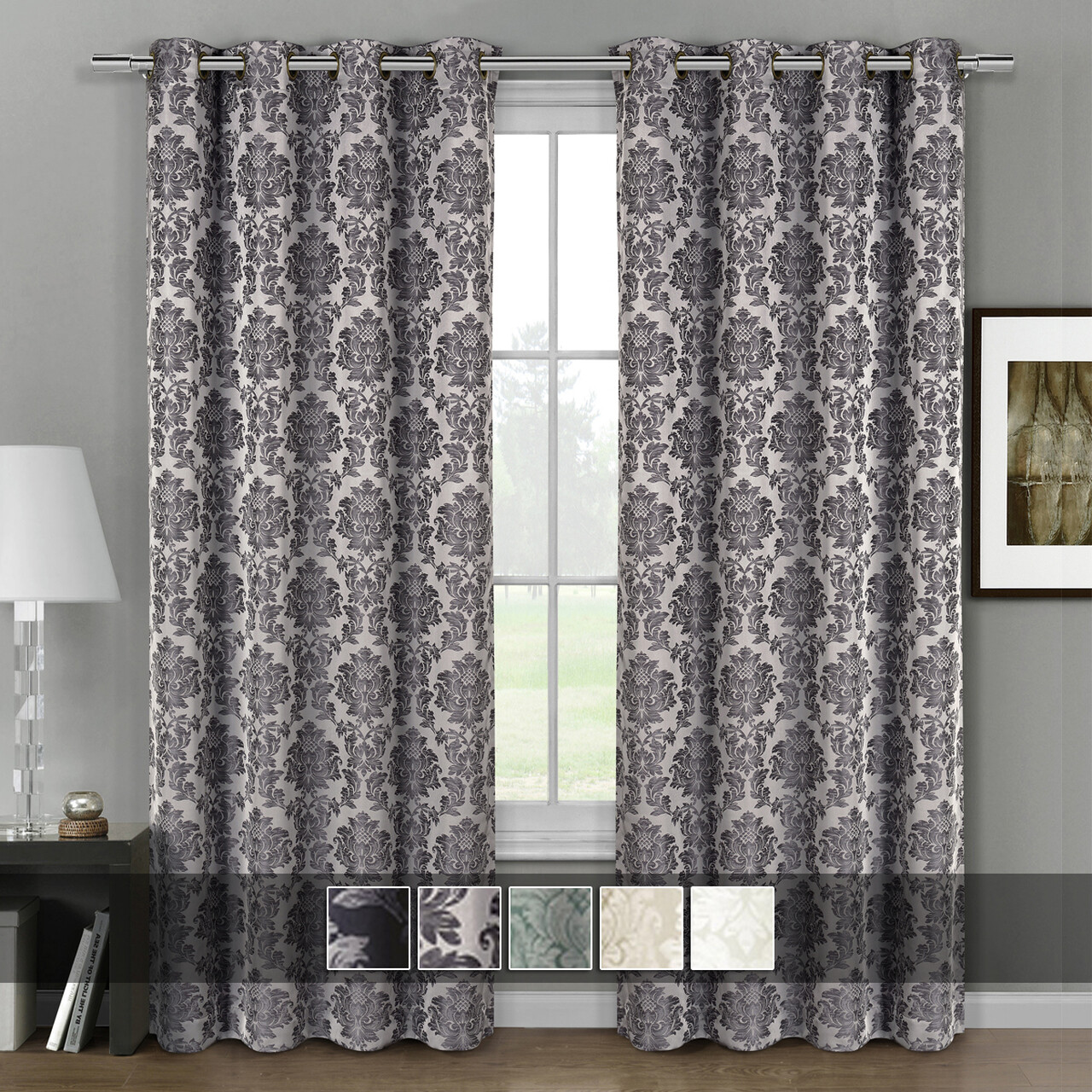 Aryanna Top Grommet Jacquard Window Curtain Panel 100% Polyester Set of 2 Panels