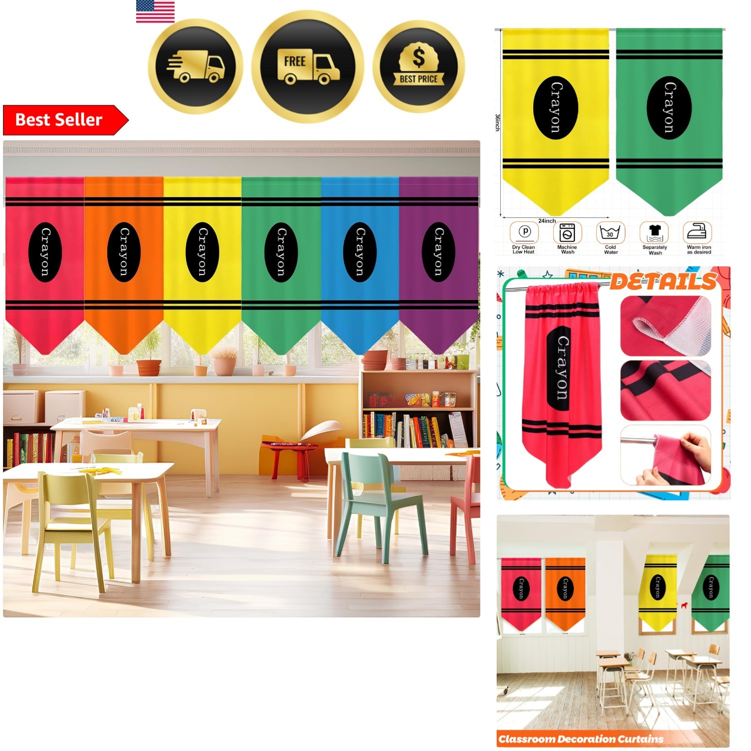 Colorful Classroom Curtains Rainbow Crayon Back to School Decor 6pcs
