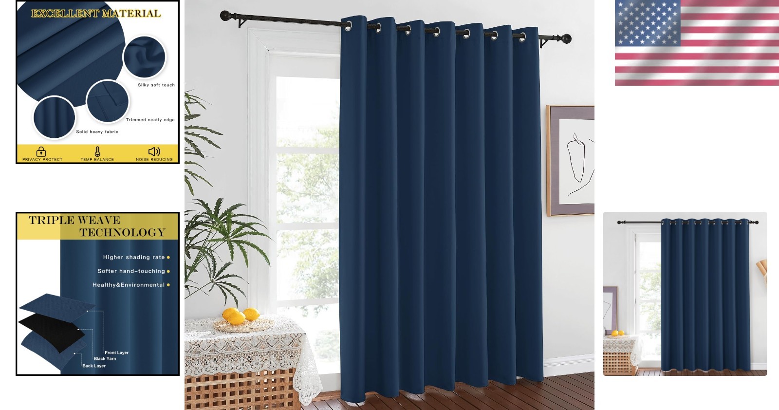 100” Wide Moroccan Blue Blackout Drapes for Patio Doors, Noise-Reducing Design