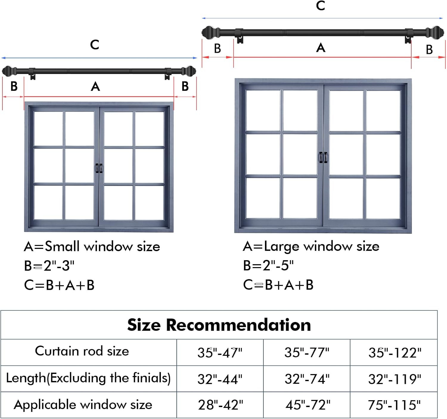 Curtain Rods for Windows 2 Pack 36-48 Inch, 5/8 Inch Matte Black Curtain Rod wit