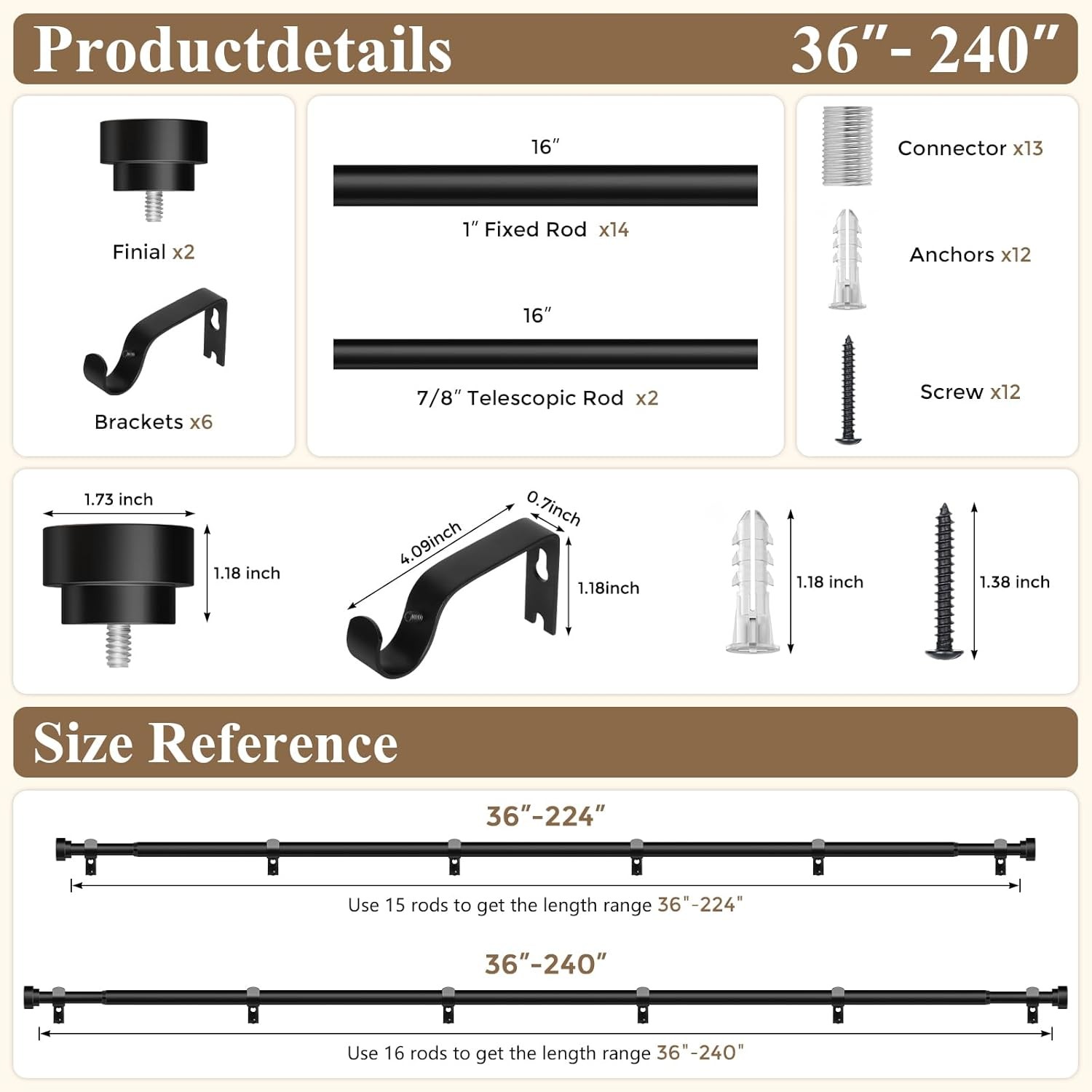 Extra Long Curtain Rods 120 to 240 Inch(10-20ft),Adjustable Curtain Rod,Black